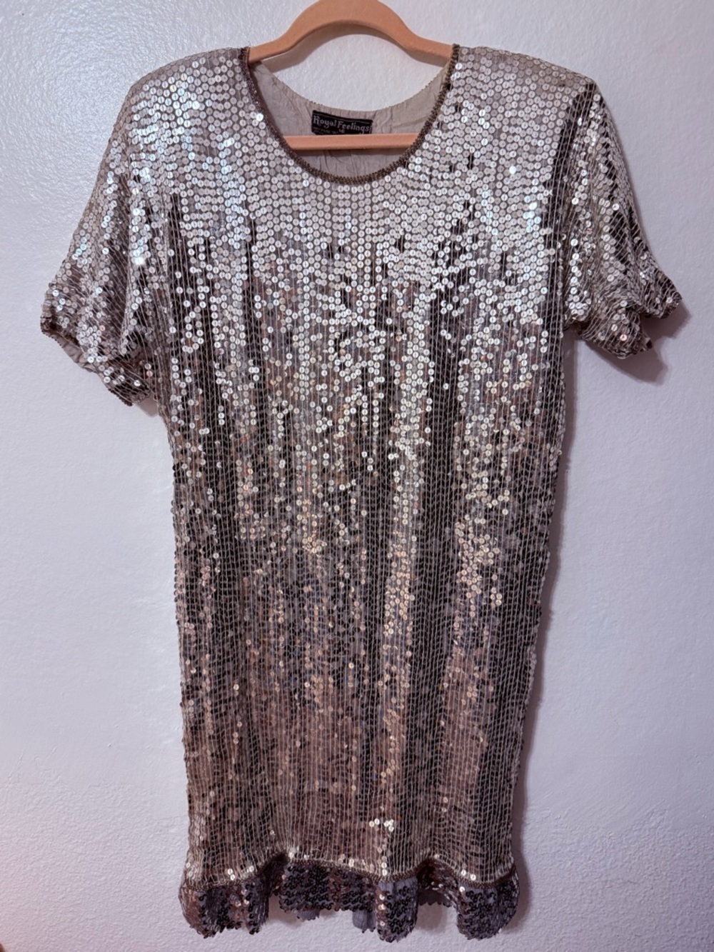 Vintage Royal Feelings 100% Silk Silver Sequin Dress Evening Wear Costume NYE M